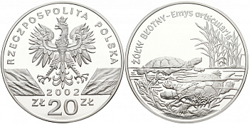 Польша 20 злотых 2002 MW, серия сохраним наш мир, болотные черепахи, тираж 35000 экземпляров  KM 428 серебро PROOF 1091-1-64