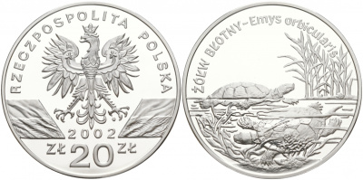 Польша 20 злотых 2002 MW, серия сохраним наш мир, болотные черепахи, тираж 35000 экземпляров  KM 428 серебро PROOF 1091-1-64
