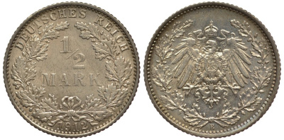 Германия 1/2 марки 1912 E, Вильгельм II (1888-1918) KM 17, J. 16 серебро UNC 413-5912