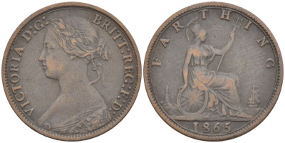 Великобритания 1 фартинг 1865 Виктория (1837-1901) KM 747.2, Spink 3958 бронза 4543-841