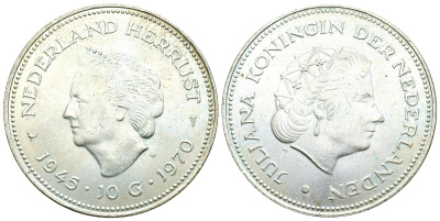 Нидерланды 10 гульденов 1970 25 лет освобождения от фашизма (1945-1970), Юлиана KM 195 серебро aUNC 74-513
