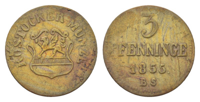 Росток 3 пфеннига 1855 KM 139 медь 4625-958