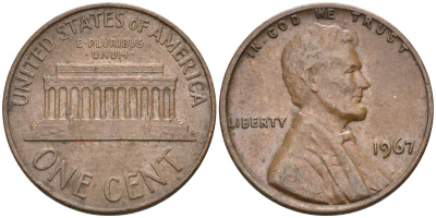 США 1 цент 1967 Линкольн KM 201 медь цинк 4115-839