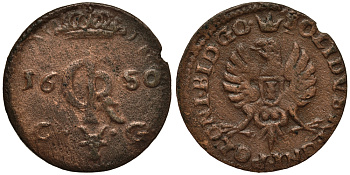 Польша 1 шиллинг (шеляг) 1650 CG, Йоханн II Казимир Ваза (Ян Казимир) (1649-1668), вес 2,53 г KM 84, Kop. 1542 (R3), Tyszkiewicz 5 mk медь 00-818-59