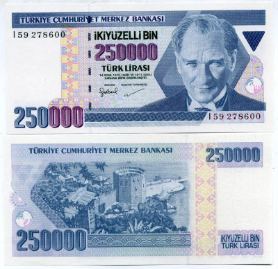ТУРЦИЯ 250000 ЛИР 1998 ПРЕЗИДЕНТ КЕМАЛЬ АТАТЮРК Pick 211 бумага UNC (ПРЕСС) 7485-52-3-2