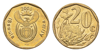 ЮАР 20 центов 2008 герб, цветок протея KM 442 сталь плакированная бронзой UNC 4687-631