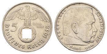 Германия 5 рейхсмарок 1938 D, Пауль фон Гинденбург (1847-1934) KM 94, J. 367 серебро 1518-1611