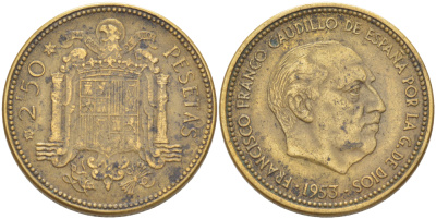 ИСПАНИЯ 2 1/2 ПЕСЕТЫ 1953 (56) ФРАНСИСКО ФРАНКО ДИКТАТОР ИСПАНИИ ( 1939- 1975) KM 785 алюминиевая бронза 216-433