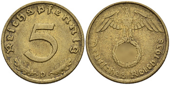 Германия 5 рейхспфеннигов 1938 D KM 91, J. 363 алюминиевая бронза 4151-836