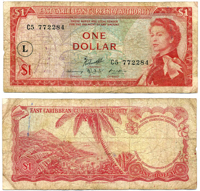 Восточно-Карибские штаты 1 доллар 1965 Британская администрация, подпись 10, серия С5, В КРУГЕ буква "L" (СЕНТ ЛЮСИЯ) Pick 13l бумага VF- 2197-29-2-2