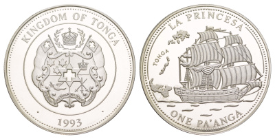 Тонга 1 паанга 1993 Парусник "La Princesa" KM 154 серебро PROOF 1091-4-52