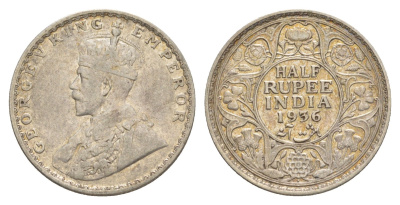 Британская Индия 1/2 рупии 1936 Георг V (1910-1936) KM 522 серебро 1517-822
