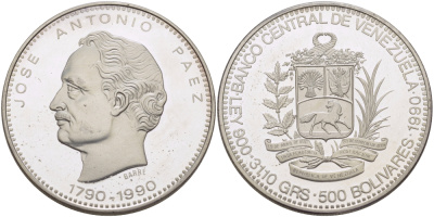 Венесуэла 500 боливаров 1990 200 лет со дня рождения Хосе Антонио Паэс KM 64 серебро PROOF 00-00-00