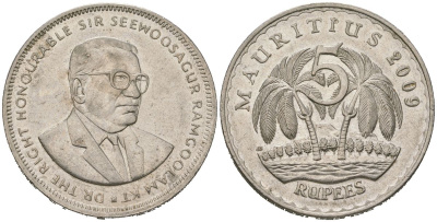 Маврикий 5 рупий 2009 Сивусагур Рамгулам KM 56 медно-никель aUNC 4144-833