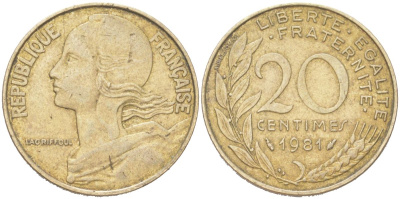 Франция 20 сантимов 1981 тип Marianne KM 930, Le Franc 156.21 медь алюминий никель 4156-131