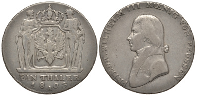 Пруссия 1 талер 1803 А, PRUSSEN ошибка в названии!! Dav. 755 var., Kahnt 361 b, Old. 102 d, Thun 242 Anm серебро 10-009-66