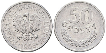 Польша 50 грошей 1968 MW, редкий год KM 48.1, Parchimowicz 210d алюминий aUNC 4591-757