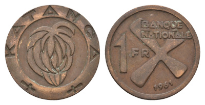 Катанга 1 франк 1961 Заир, балубский крест, связка бананов KM 1 бронза 36-435