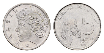 Бразилия 5 сентаво 1977 ФАО, зебу KM 587 нержавеющая сталь UNC 4687-1019