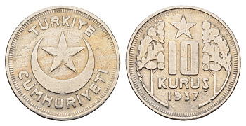 Турция 10 курушей 1937 KM 863 медно-никель 89-1612