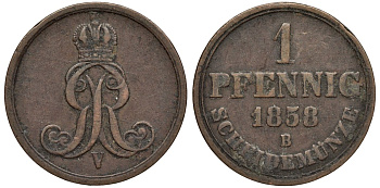 Ганновер 1 пфенниг 1858 B, Георг V KM 233, AKS 156, J. 90 медь 4594-236