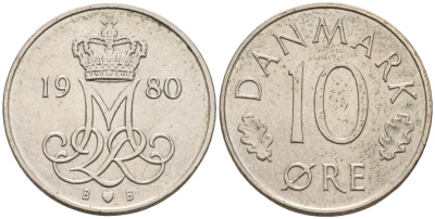 Дания 10 эре 1980 Маргрете II (1972-2024) KM 860.2 медно-никель 4580-315