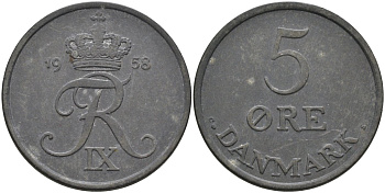 Дания 5 эре 1958 Фредерик IX (1947-1972) KM 843 цинк 4680-1045