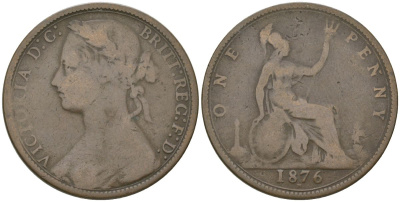 Великобритания 1 пенни 1876 Виктория (1837-1901) KM 755, Spink 3954 бронза 4590-921