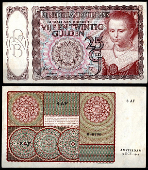 Нидерланды 25 гульденов 1943 "Молодая женщина" (Паулюс Морельс) Pick 60 бумага 451-1137-1