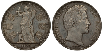 Бавария 2 талера 1837 монетный союз шести южных немецких земель KM 792, AKS 98 b; Dav. 581; Kahnt 102 f; Thun 75 серебро 00-815-04
