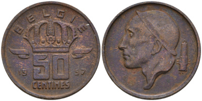 Бельгия 50 сантимов 1957 Belgie, Бодуэн I (1951-1993) KM 149.1 бронза 4189-112