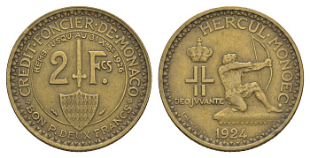 Монако 2 франка 1924 год-тип KM 112 алюминиевая бронза 1523-423
