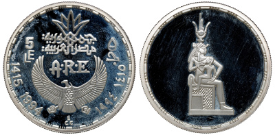 Египет 5 фунтов 1994 богиня Исида с ребенком KM 830 серебро  PROOF  11-145-13