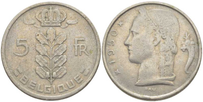 БЕЛЬГИЯ 5 ФРАНКОВ 1950 BELGIQUE, ЛЕОПОЛЬД III (1934-1950) KM 134.1 медно-никель 119-715