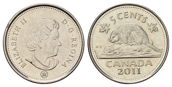 Канада 5 центов 2011 Leaf, Елизавета II (1952-2022), бобр KM 491 сталь плакированная никелем 4689-527