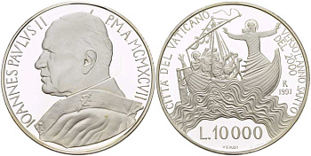 Ватикан 10000 лир 1997 Иоанн Павел II (1978-2005), успокоение Христом шторма на море KM 319 серебро  PROOF  1085-6-51