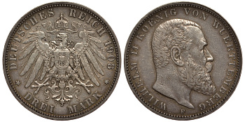 Вюртемберг 3 марки 1908 F, Вильгельм II (1891-1918) Weege 171, J.175, KM 635 серебро 413-2622