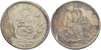 Перу 1/2 соля 1928 LIMA KM 216 серебро 5010-1023