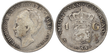 Нидерландское Кюрасао 1 гульден 1944 D, Вильгельмина (1890-1948) KM 45 серебро 36-234