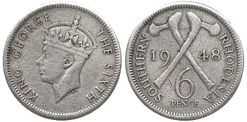 Британская Южная Родезия 6 пенсов 1948 Георг VI (1937-1952) KM 21 медно-никель 4610-1014
