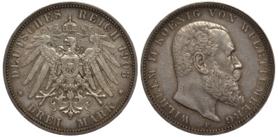 Вюртемберг 3 марки 1908 F, Вильгельм II (1891-1918) Weege 171, J.175, KM 635 серебро 413-2622