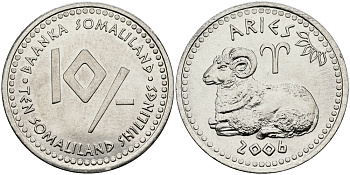 Сомалиленд 10 шиллингов 2006 СЕРИЯ ЗНАКИ ЗОДИАКА, ОВЕН KM NEW никелированная сталь UNC 540-841