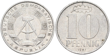 ГДР 10 пфеннигов 1967 А KM 10 алюминий 4571-651