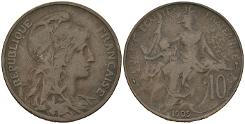 Франция 10 сантимов 1909 тип Дюпюи KM 843, LA FRANC 136.19 бронза 221-536
