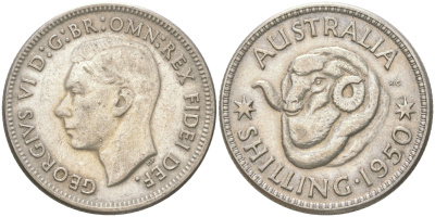 Австралия 1 шиллинг 1950 M, Георг VI (1936-1952), овца меринос KM 46 серебро 4622-135