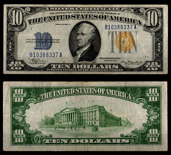 США 10 долларов 1934 Выпущено для военного использования в Северной Африке и на Сицилии во время Второй мировой войны. Желтая печать Pick 415 Y, Fr. 2309 бумага 451-1276-1