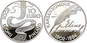 Финляндия 10 евро 2002 Элиас Леннрот, лингвист KM 108 серебро PROOF 11-207-11