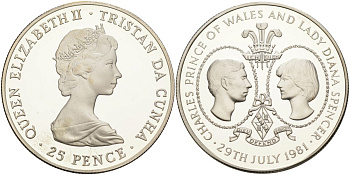 Тристан-да-Кунья 25 пенсов 1981 королевская свадьба принца Чарльза и леди Дианы Спенсер KM 4а серебро PROOF 00-000-00