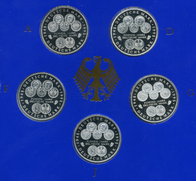 ФРГ набор из 5 штук по 10 марок 1998 A, D, F, G, J,  50 лет марке ФРГ KM 195 серебро PROOF 6-5-2-1