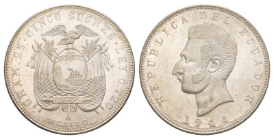 Эквадор 5 сукре 1944 KM 79 серебро UNC 11-152-11